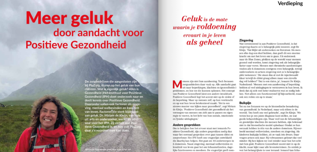 Miriam de Kleijn over meer geluk door Positieve Gezondheid in Pluzorg magazine